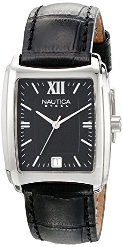 Nautica Men's N07546 Square Stainless Steel Watch with Leather Strap