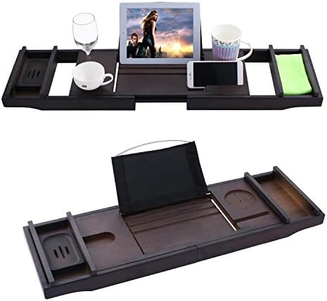 Vividy Bamboo Bathtub Caddy Tray, Luxury Adjustable Non-slip Bathroom Shower Bath Tray Valets Rack Organizer with Expandable Sides Holder for Book, Wine Glass, Towel (Brown)