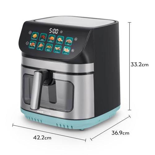 JadeCook Freidora de Aire con Ahumador de 9 Litros Pantalla Táctil Digital, 10 Programas Preestablecidos, Cesta Antiadherente con Ventana Transparente, Negro