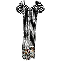 Mogul Interior Women's Caftan Maxi Dress Black Printed Night Wear Nightgown L