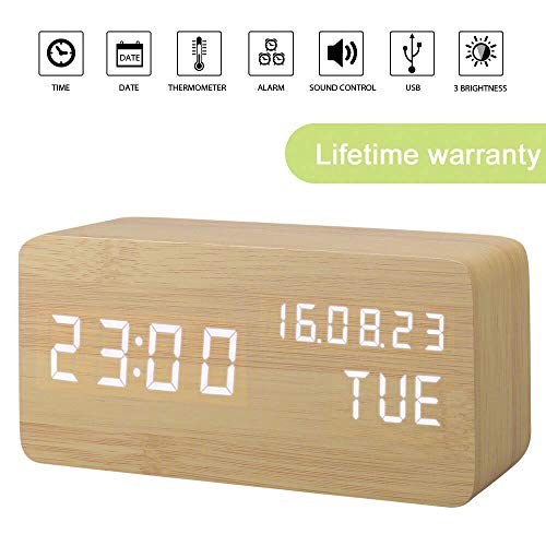 Alarm Clock, Wood Alarm Clock Digital Clocks for Bedroom Beside LED Wooden Clock Small Desk Clock Time Date Week Temperature Travel Clocks 3 Levels Brightness 3 Alarms Voice Control