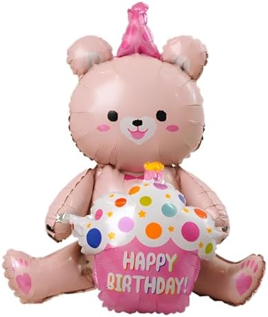 LHLZNB birthday decoration balloon jumbo happy birthday balloons，birthday decoration，party decorations，Freestanding birthday balloon in gold，Colourful and unique (Pink Cake Bear)