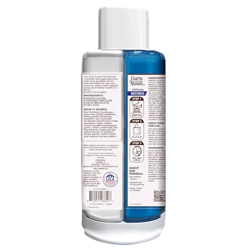 GURUNANDA TEETH WHITENING DUAL BARREL OXYBURST MOUTHWASH – ALCOHOL & FLUORIDE FREE, HYDROGEN PEROXIDE TO PROMOTE WHITER TEETH – WILD MINT – 32 FL OZ