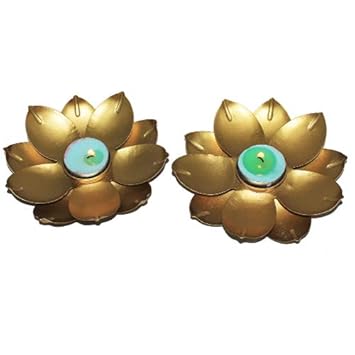 DecoVally Metalic Lotus Shaped Gold tealight Holder, Candle Holder, Diwali Gift - 2 pcs Set