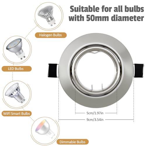 LteelDay Round Recessed Spotlight Frame, Brushed Metallic GU10 with 30° Rotation, Diameter 68-80 mm, Includes GU10 Socket for LED or Halogen Lamps, Pack of 20