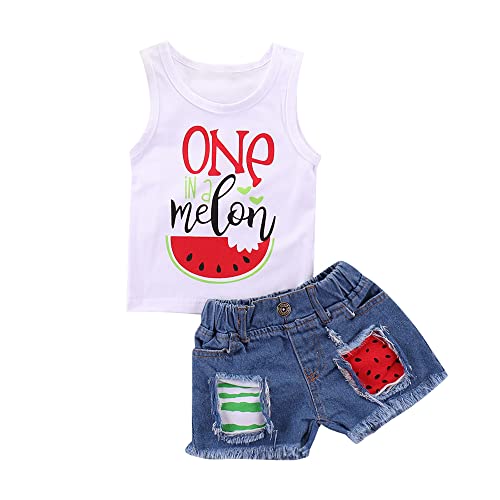 Toddler Girl Summer Outfits Watermelon Tank Top Denim Shorts 2T
