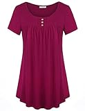 Jazzco Women's Short Sleeve Scoop Neck Pleated Button Henley Tunic Tops
