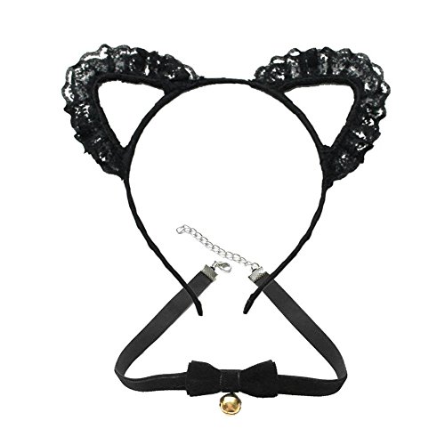 Mwfus Lovely Lace Cat Ears Fancy Dress Hairband Headdress with Choker Necklaces Costume Set