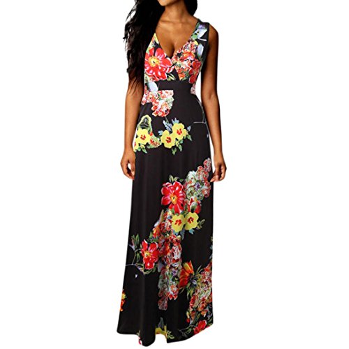Women's Summer Boho V Neck Sleeveless Floral Print Tank Long Maxi Dress (Black 1, M)