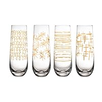 Fifth Avenue Crystal 229469-4SFL Festive Set of 4 Lead-free Stemless Champagne Flutes, 2.4x6.3", Gold