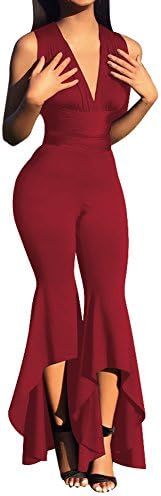 Slim Bloom Women Bell Bottom Pants High Waist Jumpsuit with Asymmetric Palazzo Trouser Red L
