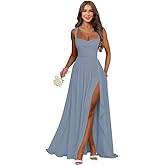jdoiweidm Spaghetti Straps Bridesmaid Dresses with Slit Chiffon Empire Waist Ruffles Formal Dress