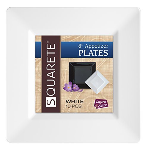 Squarete 8'' inch White Appetizer - Salad Square Plates Hard Plastic Elegant Disposable 10 Square Salad Plates Per Package Pack of 4