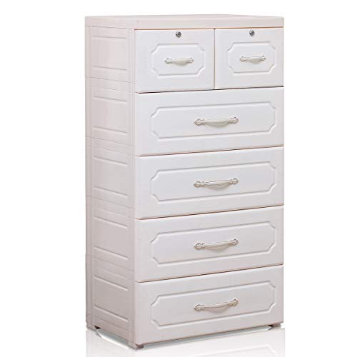 Nafenai Bedroom Tall Dresser with Locks, 6 Large Plastic Storage Drawers for Clothes, Storage Organizer Unit for Closet, Study Room, Office, Kids Playroom, Entryway, Hallway -Creamy White