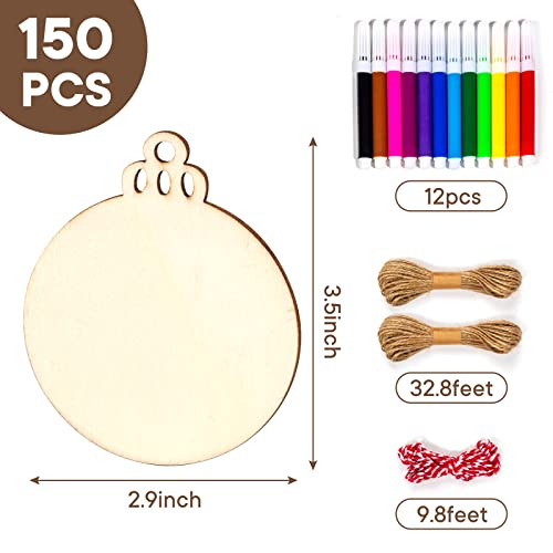 Shindel 150PCS Natural Wood Slices 3.5Inch, Unfinished Predrilled Wood Slices Blank Round Wooden Discs for Painting Christmas Tree Home Decoration DIY Crafts