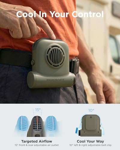 Ventilateur de trail, ventilateur de taille à clipser, comprend 1 batterie rechargeable de 4 Ah, ventilateur personnel turbo de 15 m/s, ventilateur de refroidissement portable mains libres