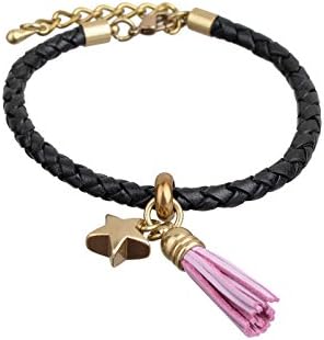 richbud Leather Tassel Charm Braided Bracelet 7"-8" For Women (Pink)
