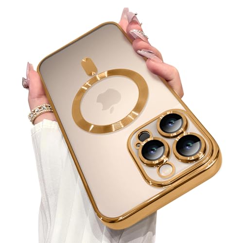 Photo 1 of OOK Magnetic Case Made for iPhone 16 Pro Max (6.9 Inch) [Built-in Camera Lens Protector] [Compatible with MagSafe] Soft TPU Anti-Scratch Shockproof Protective Slim Clear Case for Women Men - Gold