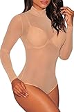 Dearlovers Mesh See Through Mock Neck Bodysuit Medium Nude