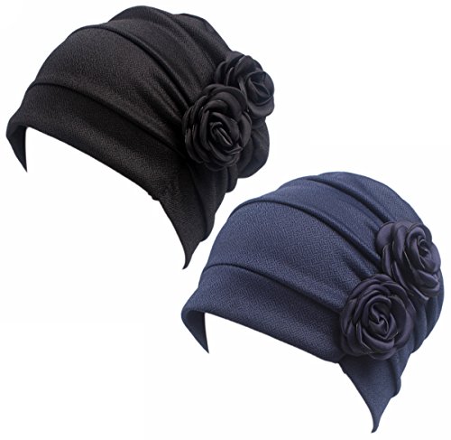 HONENNA Ruffle Chemo Turban Headband Scarf Beanie Cap Hat for Cancer Patient (Black+Navy Blue) - Thumbnail 4