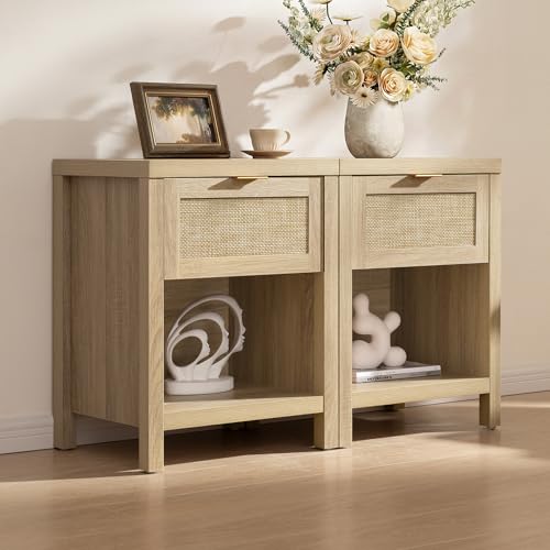 SICOTAS Rattan Nightstands Set of 2, Farmhouse Night Stands with Drawer Bedside Table - Boho End Table Side Table Accent Table for Bedroom, Light Oak Wood