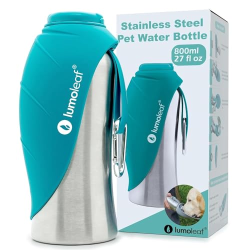 LumoLeaf Portable Dog Water Bottle 800 ml, Stainless Steel Pet Travel Water Bottle Dispenser for Walking, Hiking and Outdoor, Portable Water Bowl for Large Dogs (Blue)