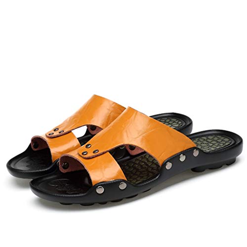 New!!!!! Respctful ♫♫Mens Leather Sandals Casual Slippers Non-Slip Outdoor Slides Fashion Summer Beach Open Toe Flat Shoes Yellow