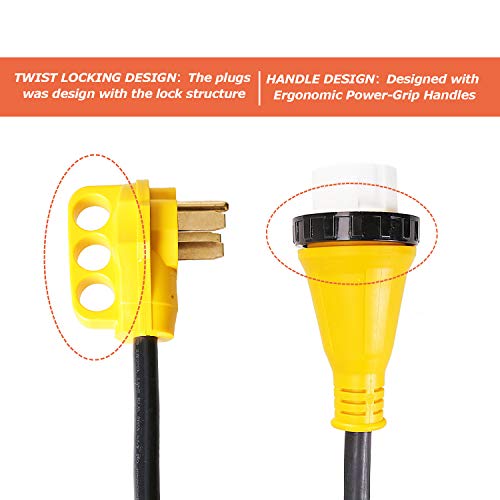 Trek Power RV Extension Cord 50Amp 30FT For Trailer Motorhome Camper with Grip Handle Plug, Locking Connector, Black