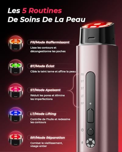 Appareil Visage Radiofréquence Beauté Massage 5-en-1,EMS & Luminothérapie 5 LED,Soins du Visage Professionnels pour le visage et le cou:atténue les rides et ridules,raffermit et lisse la peau(Or Rose)