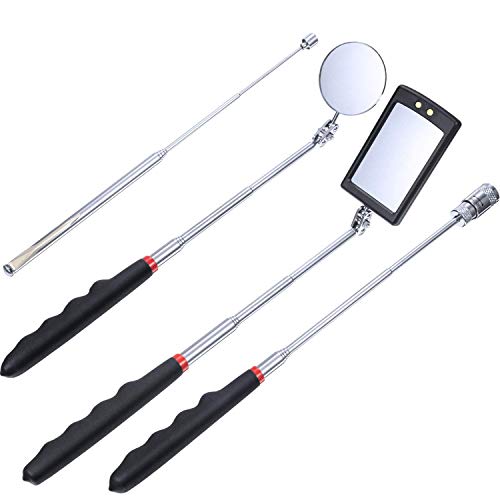 4 Pack Magnetic PickUp Tool, DRILLPRO Telescoping 8 lb/1 lb Pick Up Sticks, 360 Swivel Inspection Mirror and Round/Square Inspection Mirror, with LED Light for Extra Viewing Pickup Dead Angle