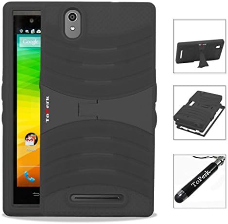ZTE ZMax / Z970 Case, ToPerk (TM) RUGGED Dual Layer Armor Case With Horizontal Stand &amp; Stylus Pen As Bundle Sale - Black/Black