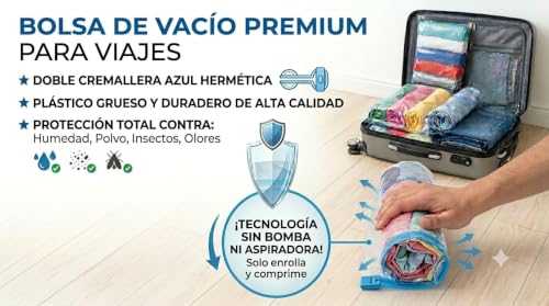 Pack 9 Bolsas al Vacío Enrollables para Ropa 40x60 cm, Bolsas de Compresión para Viaje sin Bomba, Organizador de Maleta y Equipaje, Reutilizables para Ahorrar Espacio en Ropa, Abrigos y Textiles
