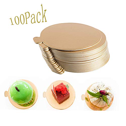 100-Pack Mini Cake Base Boards, Gold Mousse Cake Cardboard Set, Ideal for Dessert Buffet, Wedding, Parties, Catering Supplies (Round)