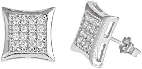 SQUARE KITE SHAPE 925 SILVER 14K WHITE GOLD WITH WHITE C.Z STONES STUD EARRINGS MEN LADIES KIDS 10MM