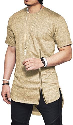 Moomphya Men's 100% Cotton Hip Hop Short Sleeve Zipper Street-wear Casual Round Hem T-Shirts
