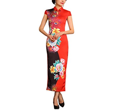 XueXian(TM) Women's Summer Chinese Cheongsam Evening Party Long Qipao Dress Red