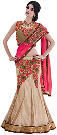 Odhni Women's Indian Bollywood Embroidered Pink Beige Net Glitter Lehenga Saree
