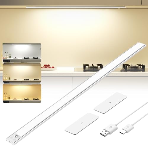 OUILA Schrankbeleuchtung LED 60CM Unterbauleuchte Küche Led mit Bewegungsmelder 3 Farbmodi Dimmbar Lampen Ohne Bohren USB-C Wiederaufladbar Nachtlicht