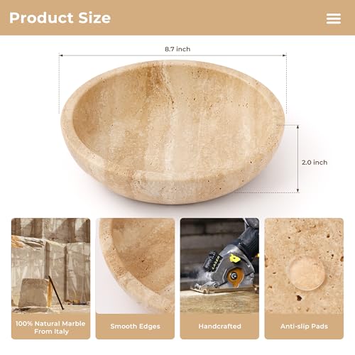 WORHE Marble Fruit Bowl Italy Natural Travertine Stone- Handcrafted Serving Dish 8.7" Decorative Kitchen Counter Accent, Elegant Dining Table Centerpiece, Banana Holder, Perfect Home Decor Gift