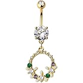 Pierced Owl 14GA Gold Plated 316L Stainless Steel Floral Wreath Dangling Belly Button Ring