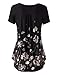 WAJAT Women's Short Sleeve V Neck Front Pleated Flared Comfy Loose Tunic Top Black Floral XL