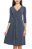 KLKD Women's 3/4 Sleeve Knee Length Self-Tie Dress Made in U.S.A.