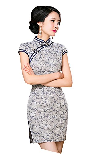 iRachel Womens Chinese Traditional Apparel Flower Print Mini Cheongsam Dress