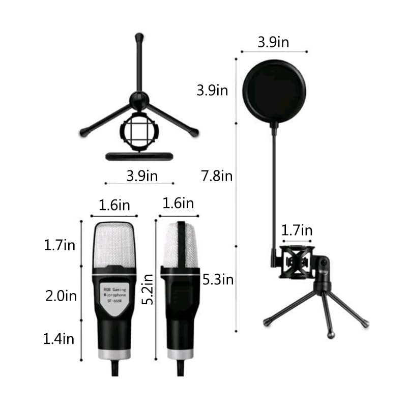 RGB Condenser Microphone with Adjustable Stand, Professional Recording Microphone with Pop Filter, Multipurpose Equipment for Gaming, Streaming, Podcast, Singing, PC, Laptop, 3.5mm Jack, Black