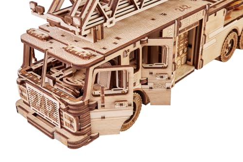 Wood Trick Movable Rescue Fire Truck - Extendable Swivel Ladder - 3D Wooden Puzzle for Adults and Kids to Build - Walks Up to 20 Feet - Wooden Models Engineering