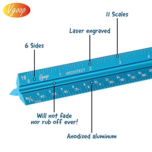 Architectural Scale Ruler, Engineer Drafting, Triangular - American Standard. 6 Sides, 11 Scales. Made of Laser Engraved Anodized Turquoise Aluminum. 12” Long. 100% Accuracy. Bonus Steel Ruler - Thumbnail 3