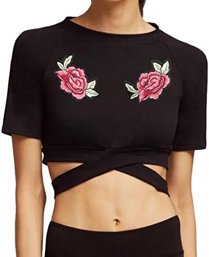 XTT Women Summer Rose Embroidery Shorts Sleeve Crop Top T-Shirts Black L