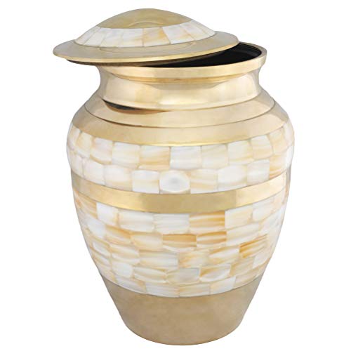 Cremation Urns for Human Ashes Adult, Funeral Urn for Women - Handcrafted in Brass - Display Burial At Home or in Niche at Columbarium ( Mother of Pearl Golden, Large Metal Urn for Ashes Adult - Thumbnail 2