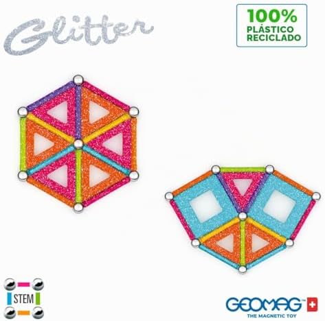 , Glitter Recycled, Construcciones Magnéticas Efecto Glitter, Barras Magnéticas Luminosas de Colores, Paquete de 35 Piezas, Plástico 100% Reciclado