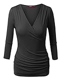 Doublju 3/4 Sleeve Fitted Deep V-Neck Surplice Tops for Women with Plus Size